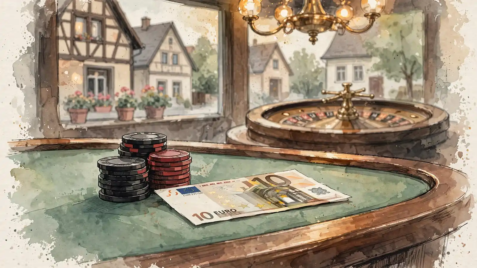 Casino-Tisch mit gestapelten Chips und einem Zehn-Euro-Schein unter warmem Licht.