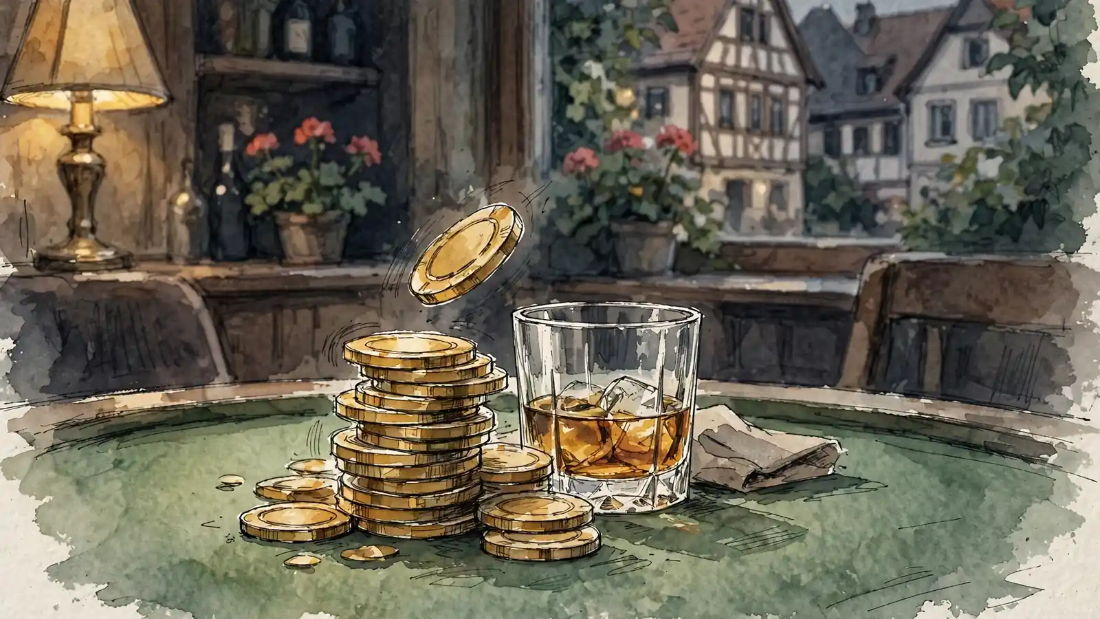 Stapel goldener Casino-Chips auf grünem Filz mit Whiskeyglas bei warmem Licht.