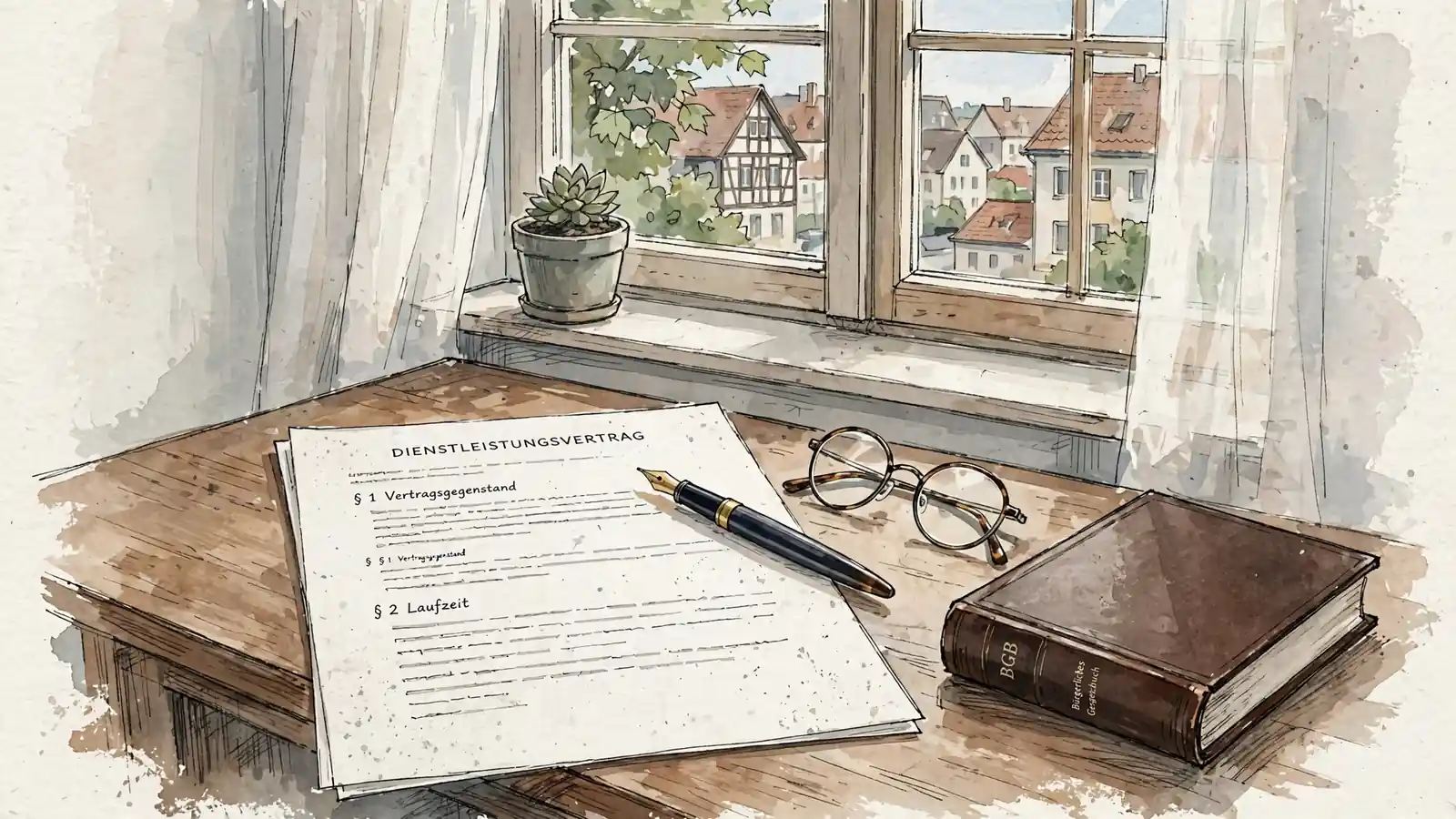 Schreibtisch mit Vertrag, Füllfederhalter und Lesebrille bei Tageslicht