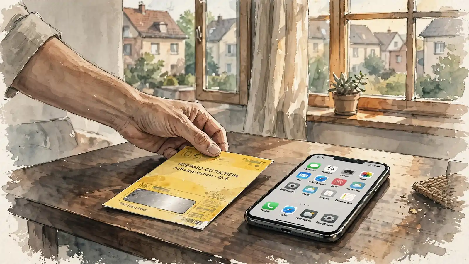 Hand legt gelbe Prepaid-Karte neben Smartphone auf Schreibtisch in moderner Wohnung