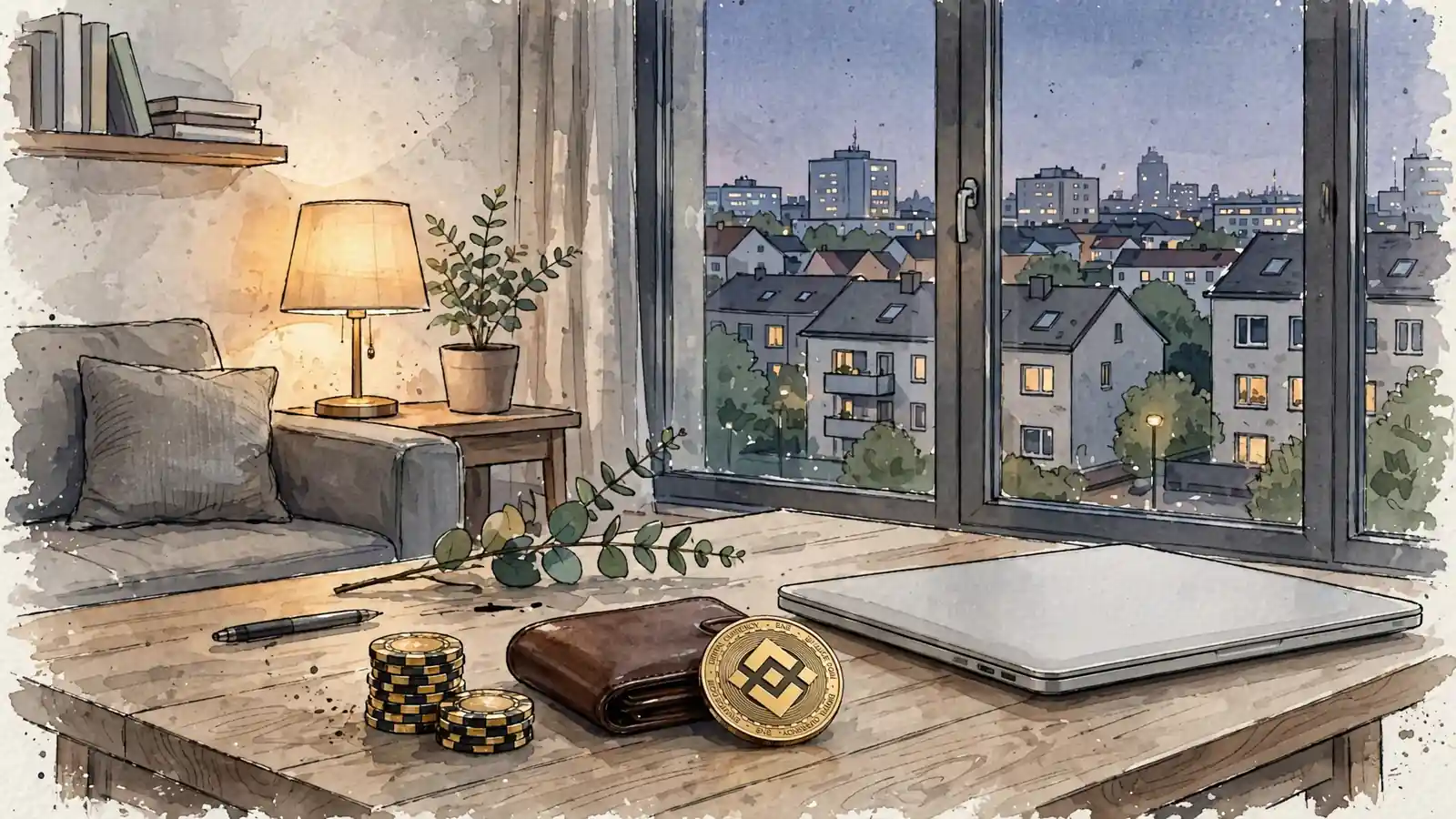 Abendliche Szene mit Casino-Chips und Binance-Münze auf einem Couchtisch in einem deutschen Wohnzimmer.
