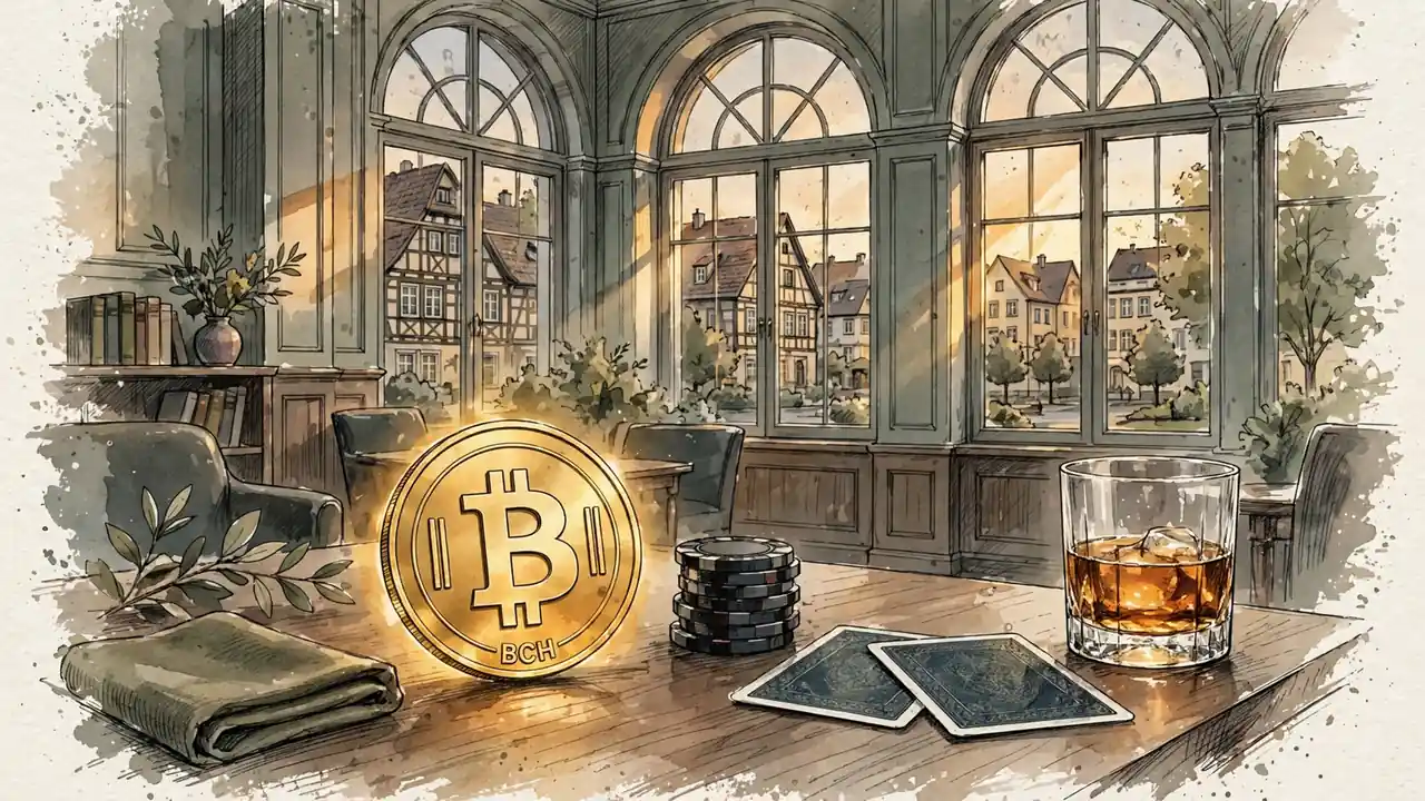 Goldene Bitcoin-Cash-Münze mit Casino-Chips und Spielkarten auf einem eleganten Walnusstisch im deutschen Lounge-Ambiente.