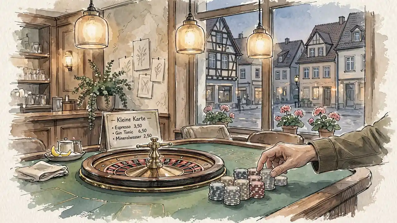 Stilvolle Casino-Lounge mit Roulette-Tisch und gestapelten Chips unter warmer Beleuchtung.