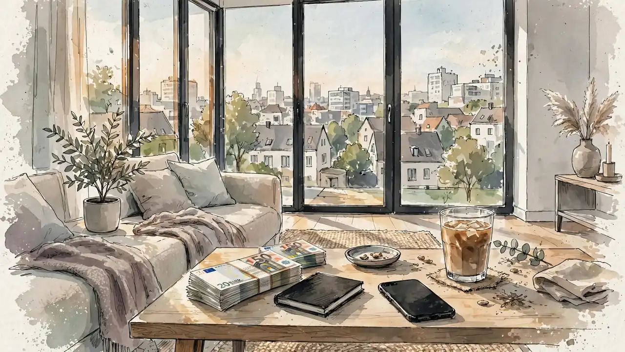 Modernes Wohnzimmer mit Euro-Geldscheinen auf dem Tisch