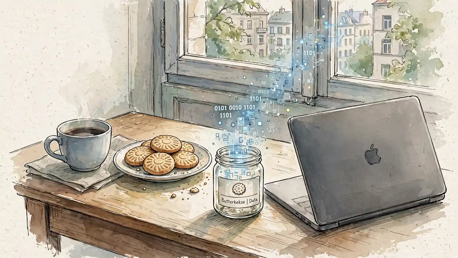 Butterkekse neben Laptop und Kaffeetasse auf einem Tisch