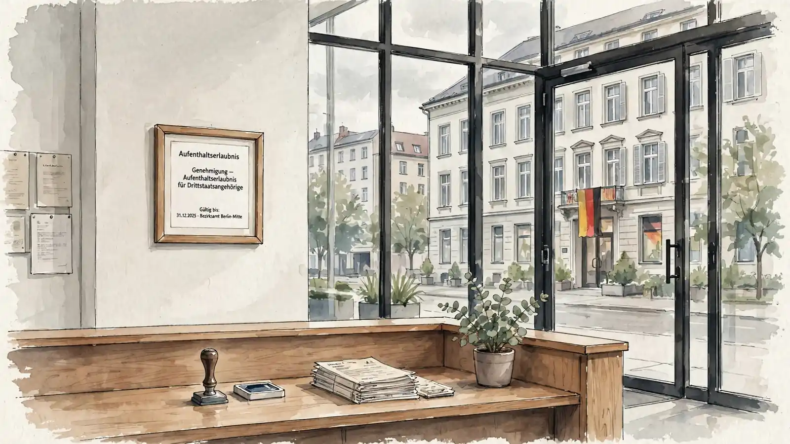 Ordnungsgemäßer deutscher Behördenschalter mit Stempel und Erlaubnisdokument