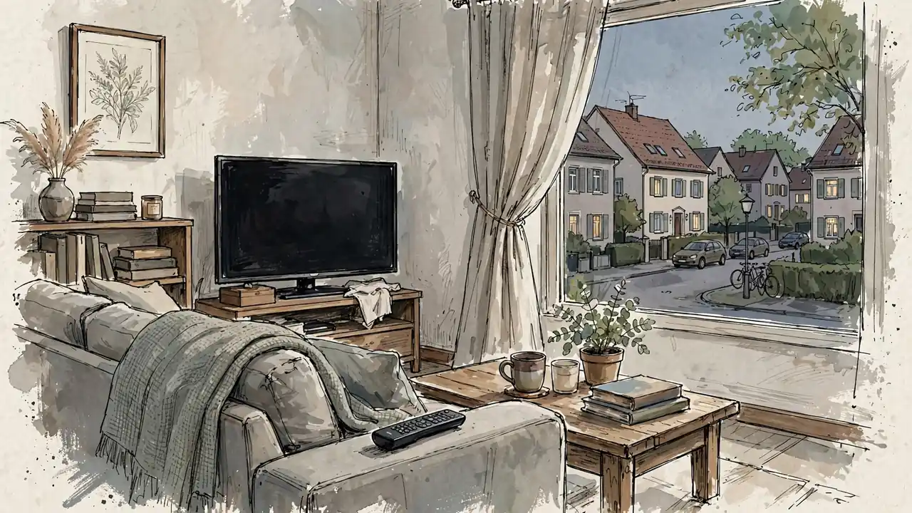 Abgeschalteter Fernseher im deutschen Wohnzimmer am frühen Abend