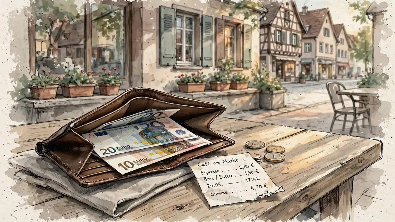 Offenes Portemonnaie mit Euroschein und Quittung auf Cafétisch