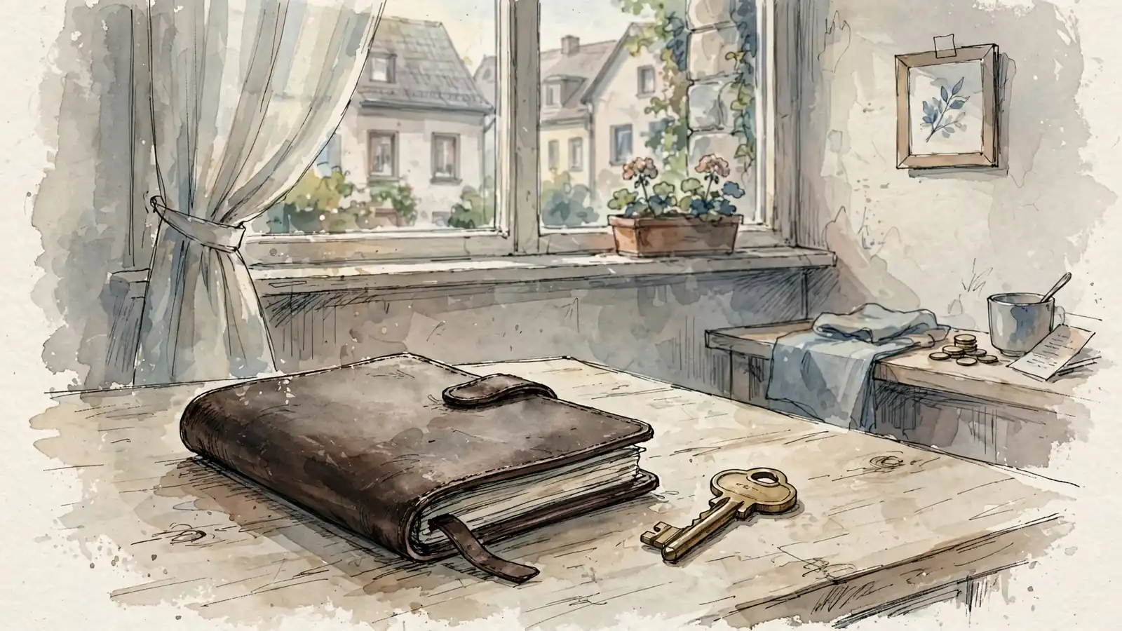 Geschlossenes Notizbuch und Schlüssel auf Holzoberfläche