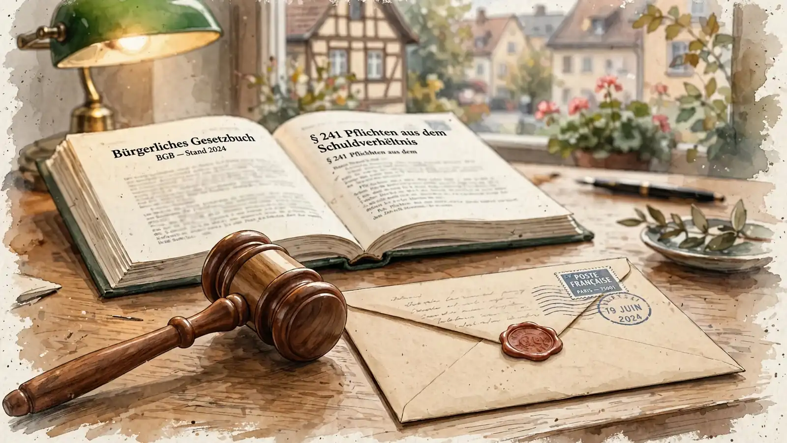 Richterhammer neben einem versiegelten Umschlag und aufgeschlagenem Gesetzbuch auf einem Schreibtisch.