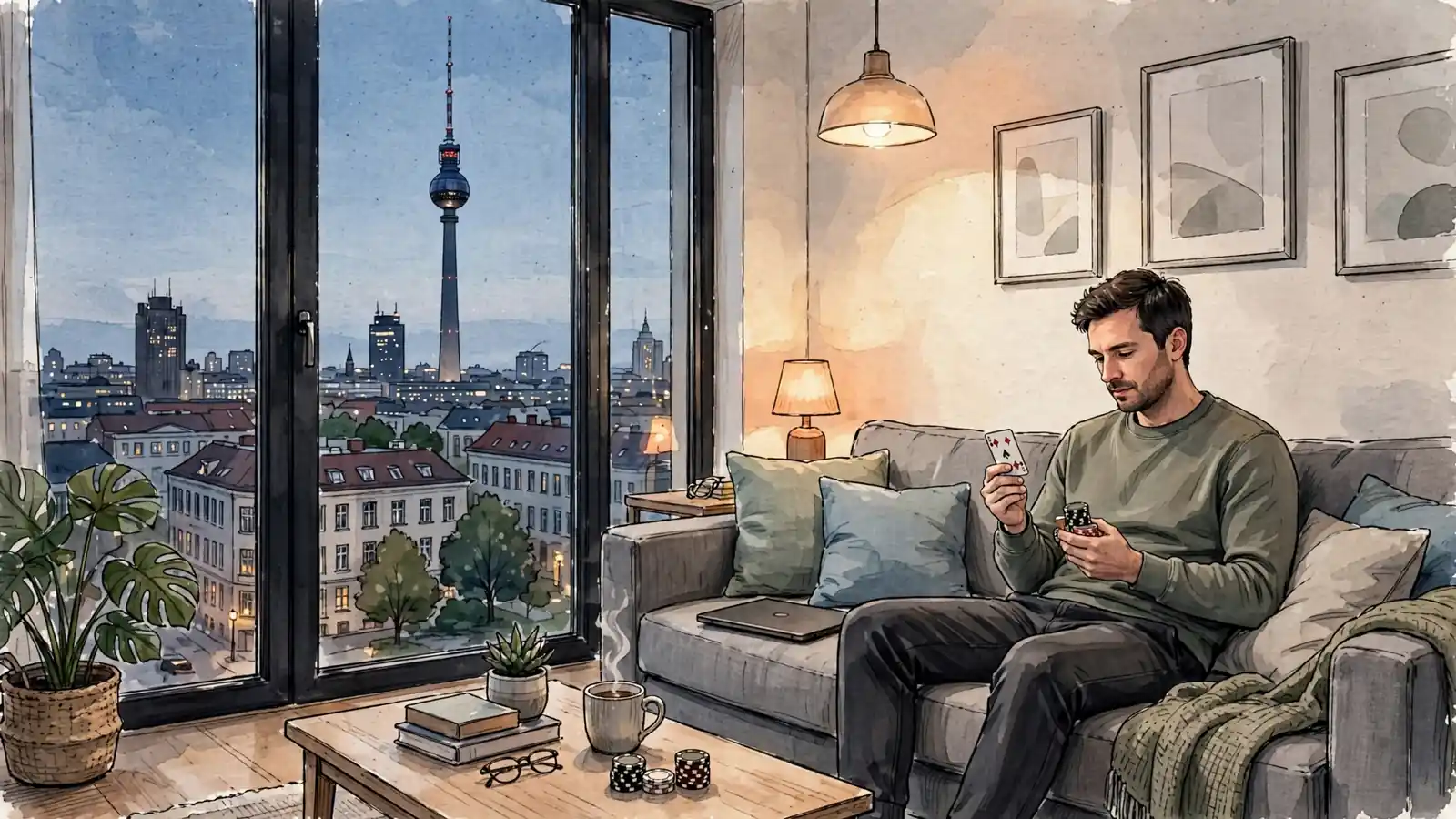 Person mit Spielkarte und Chips in modernem deutschen Wohnzimmer