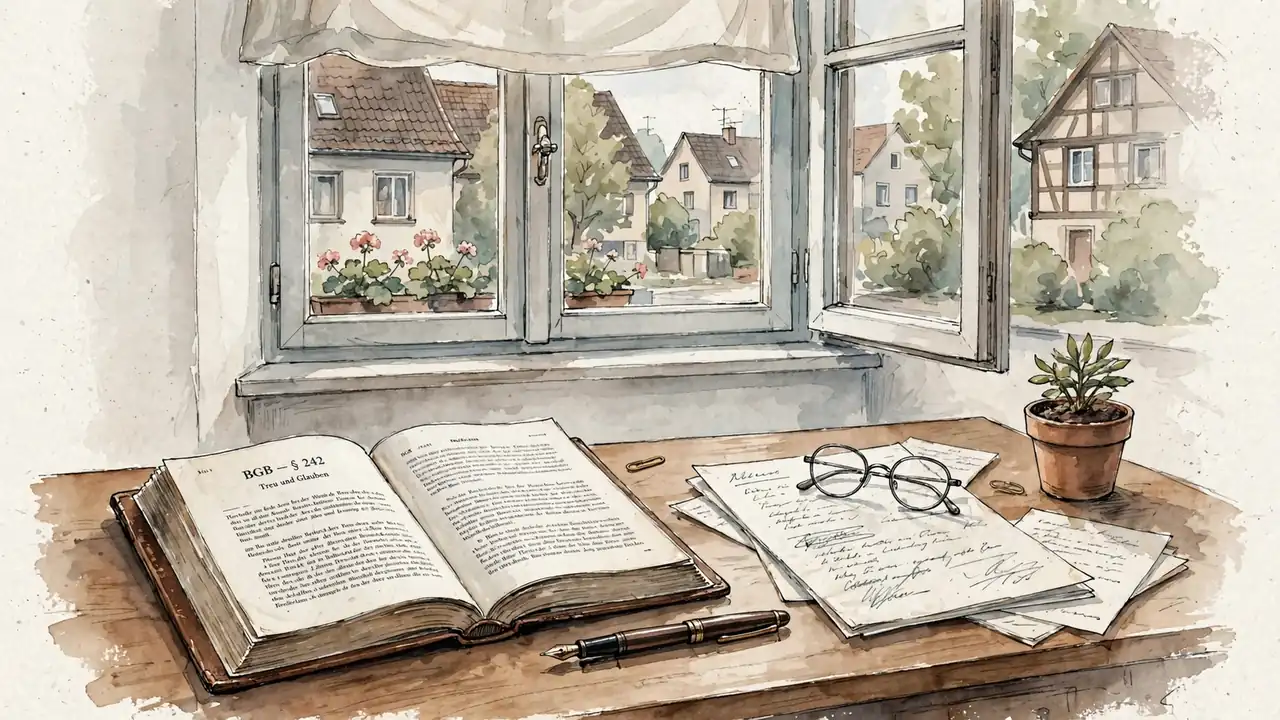 Schreibtisch mit offenem Rechtsbuch, Füllfeder und Tageslicht durch ein Fenster.