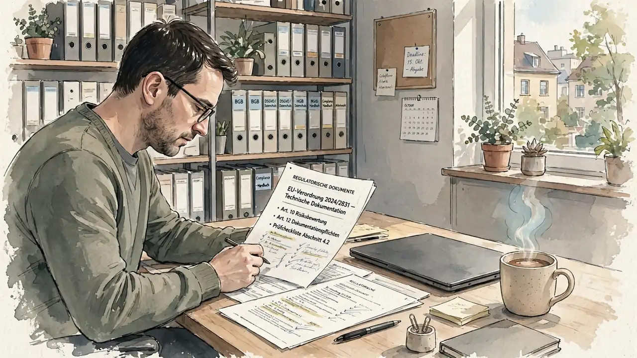 Redakteur prüft Regulierungsdokumente am Schreibtisch in einem hellen deutschen Büro.