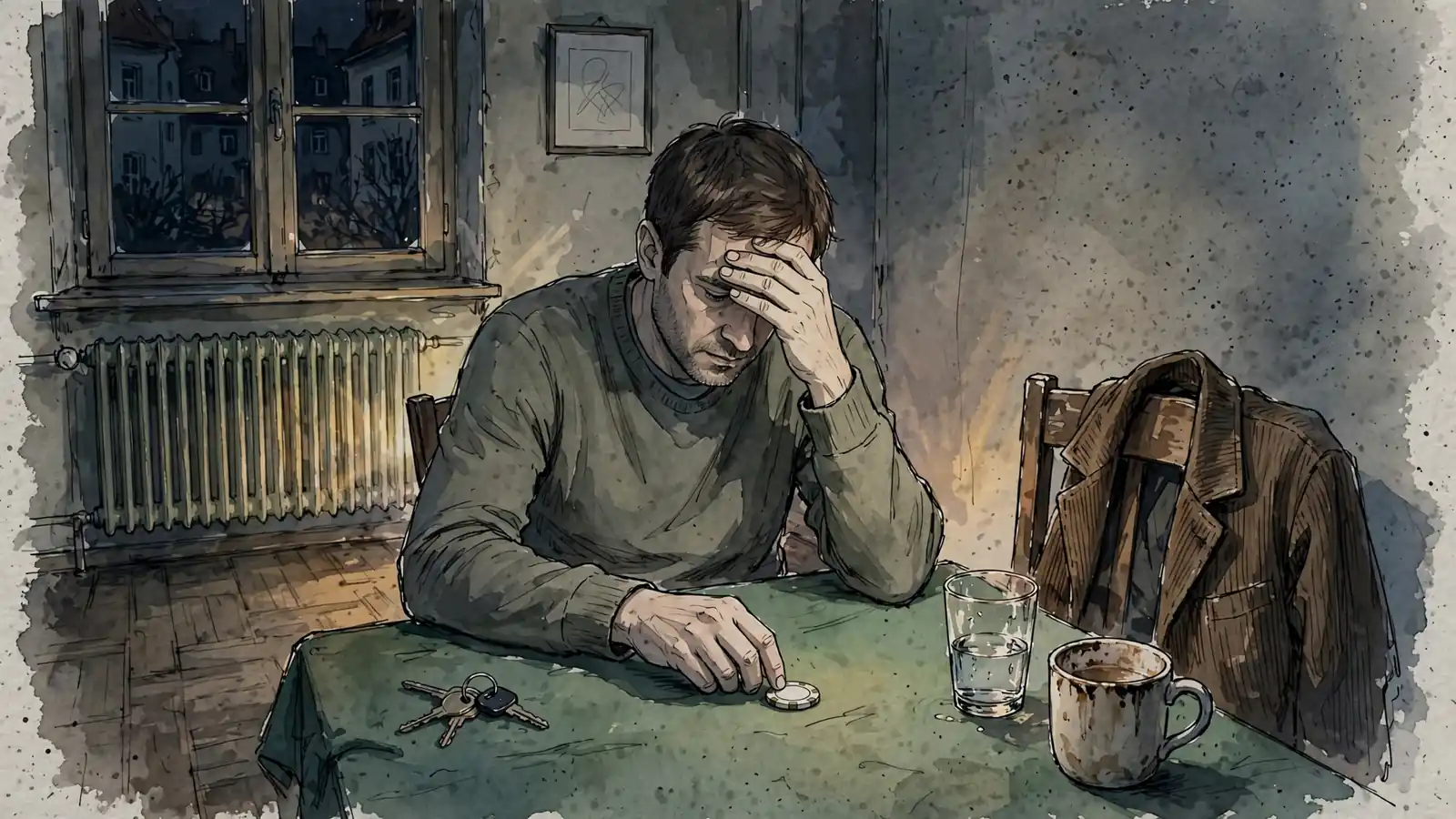 Nachdenklicher Mann allein am Spieltisch in einer deutschen Wohnung bei Nacht